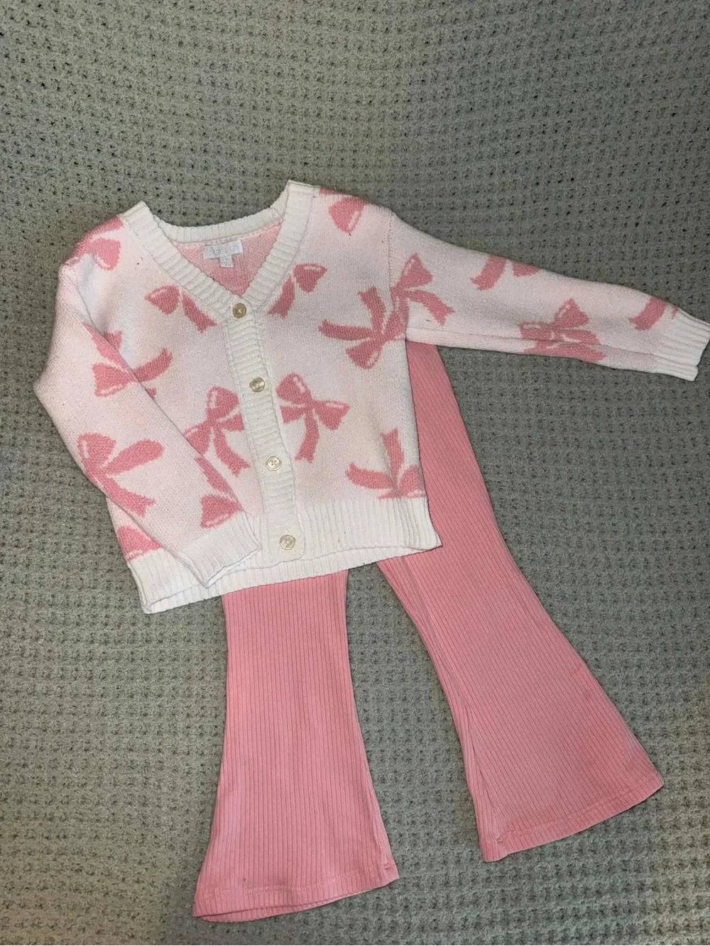 Pink Bow Knit Cardigan with Pink Ribbed Pants - Picture 1 of 4
